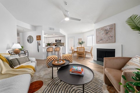 a living room with a couch and a table